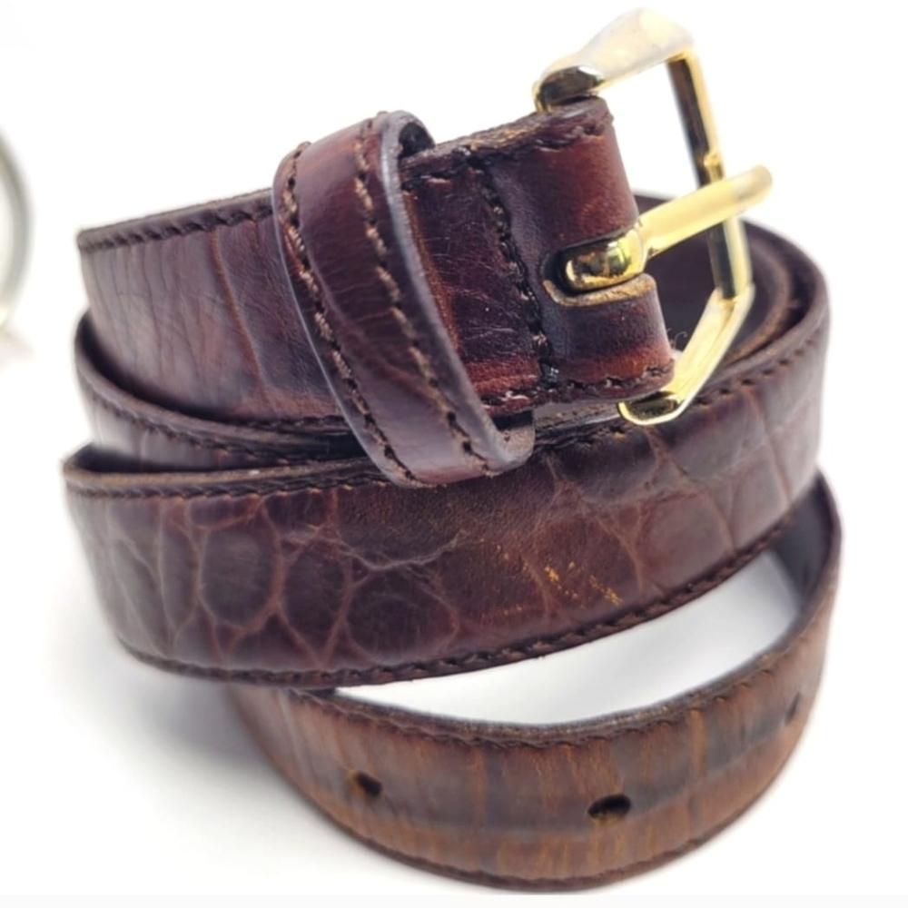 Christian Dior Mens Croc Embossed Leather Belt 34 Casual Gold Tone Buckle Spain